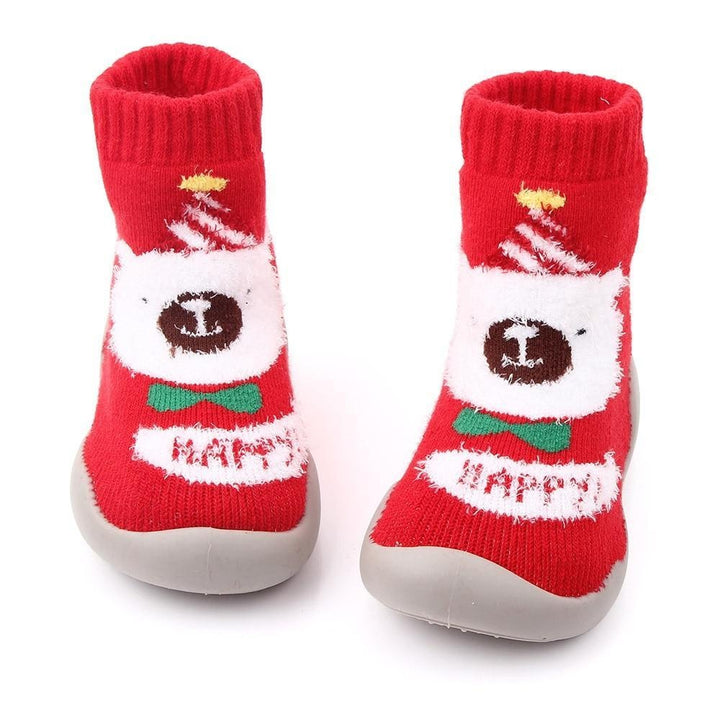 Baby Shoes Christmas Sock Shoes Knit Booties Toddler First Walker Soft Rubber - MomyMall Christmas bear / 6-12 Months