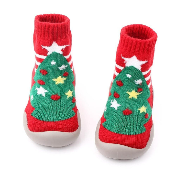 Baby Shoes Christmas Sock Shoes Knit Booties Toddler First Walker Soft Rubber - MomyMall Christmas tree / 6-12 Months
