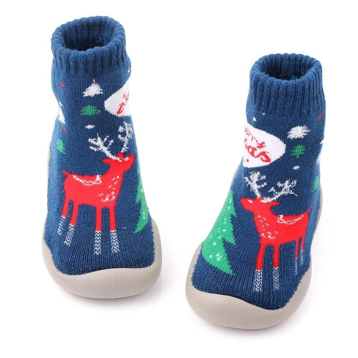 Baby Shoes Christmas Sock Shoes Knit Booties Toddler First Walker Soft Rubber - MomyMall Blue elk / 6-12 Months