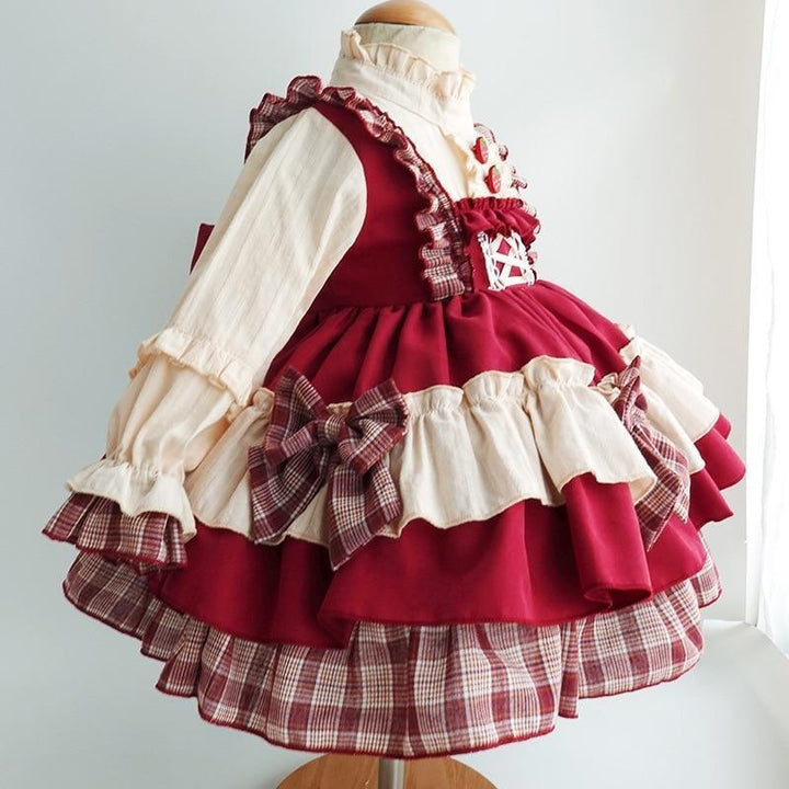 Baby Girls Long Sleeve Princess Red Vintage Party Wedding Lolita Dress - MomyMall