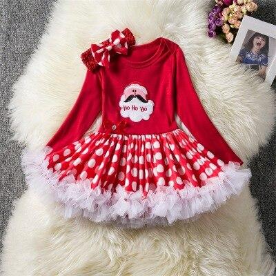 Girl Long sleeve Christmas Santa Claus Pattern Red Polka Dot Tutu Dress 0-24 Months - MomyMall Red / 6-9 Months