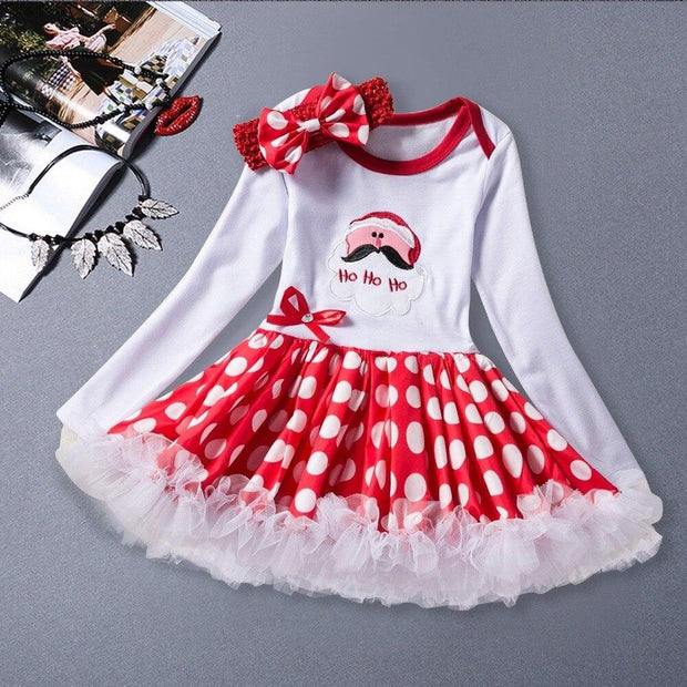 Girl Long sleeve Christmas Santa Claus Pattern Red Polka Dot Tutu Dress 0-24 Months - MomyMall