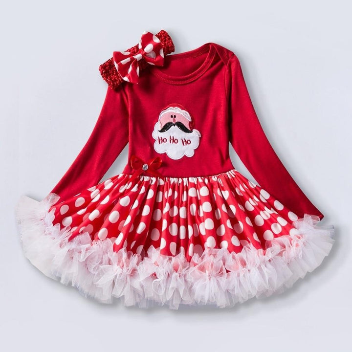 Girl Long sleeve Christmas Santa Claus Pattern Red Polka Dot Tutu Dress 0-24 Months - MomyMall