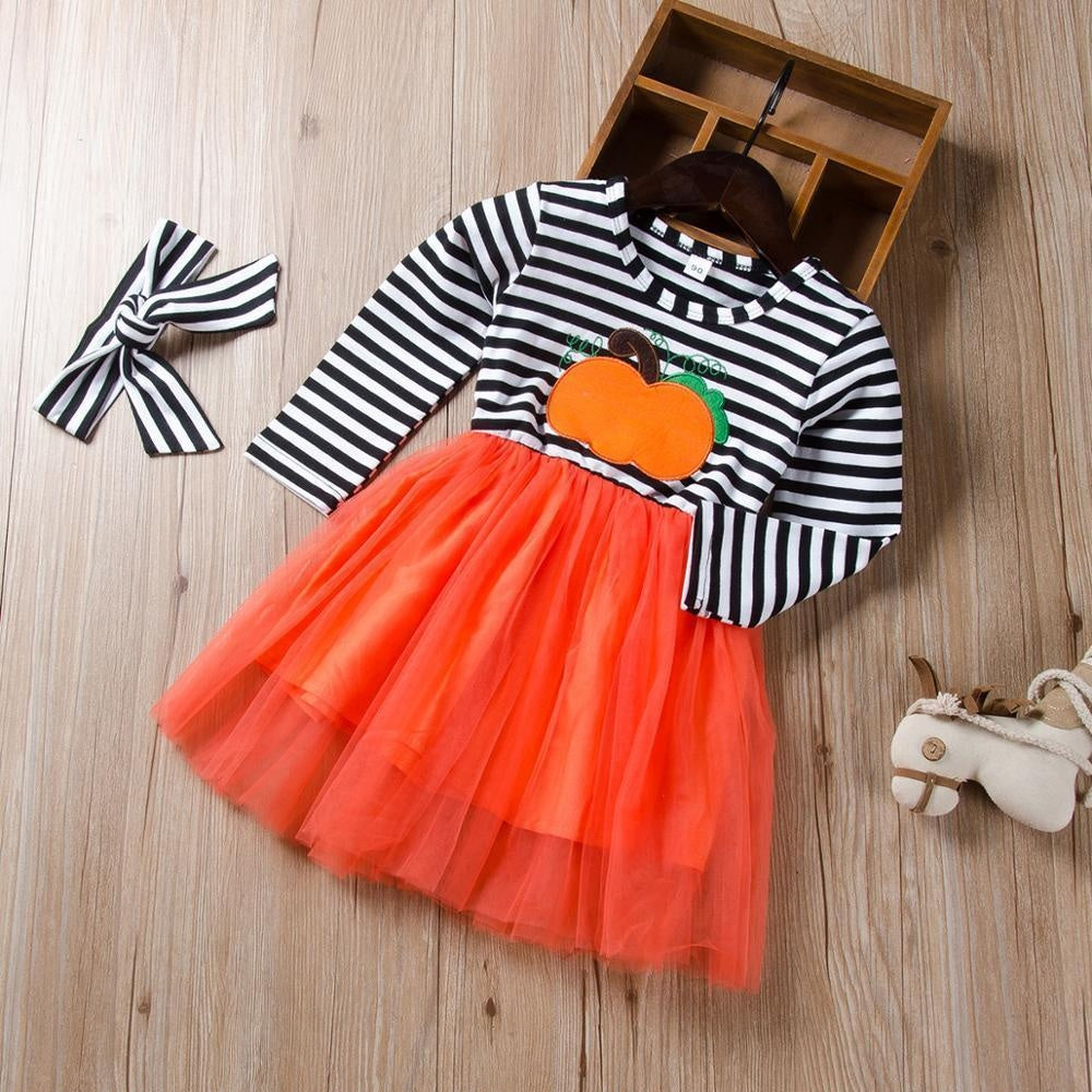 Girl Kids Winter Dress Cotton Boutique Halloween Pumpkin Tulle Dress - MomyMall