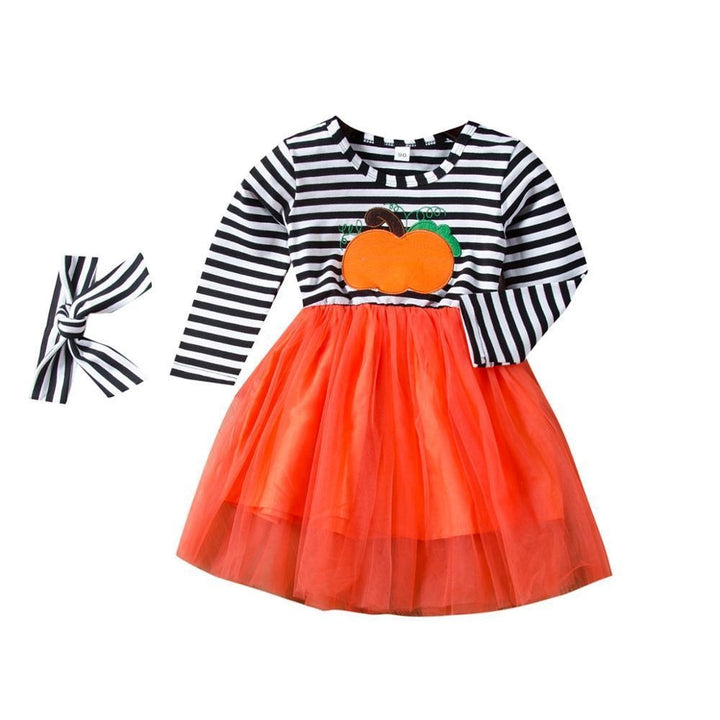 Girl Kids Winter Dress Cotton Boutique Halloween Pumpkin Tulle Dress - MomyMall Orange with headband / 0-1 years