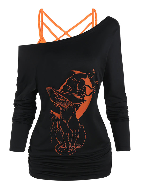 Moon Cat Hat Print Long Sleeve T Shirt - MomyMall Black / M