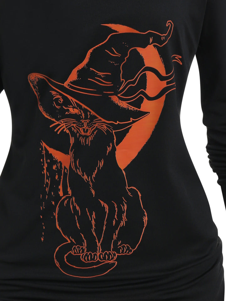 Moon Cat Hat Print Long Sleeve T Shirt - MomyMall