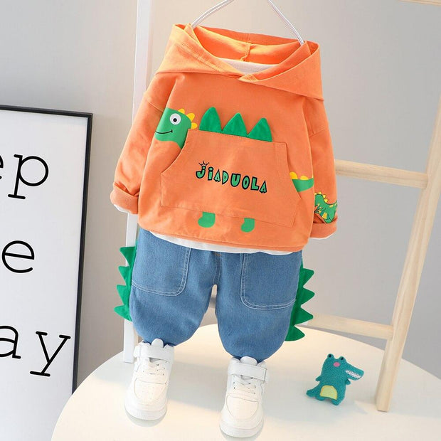 Cute Dinosaur Boys Hooded Fall Outfits 3 Colors 2 Pcs Sets - MomyMall Orange no shoes / 6-9 Months
