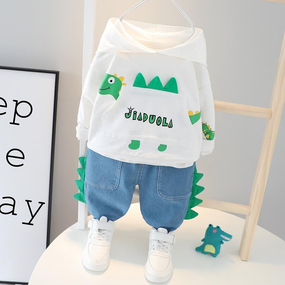 Cute Dinosaur Boys Hooded Fall Outfits 3 Colors 2 Pcs Sets - MomyMall