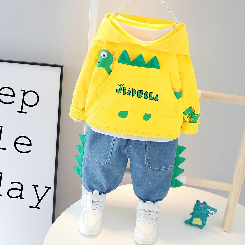 Cute Dinosaur Boys Hooded Fall Outfits 3 Colors 2 Pcs Sets - MomyMall