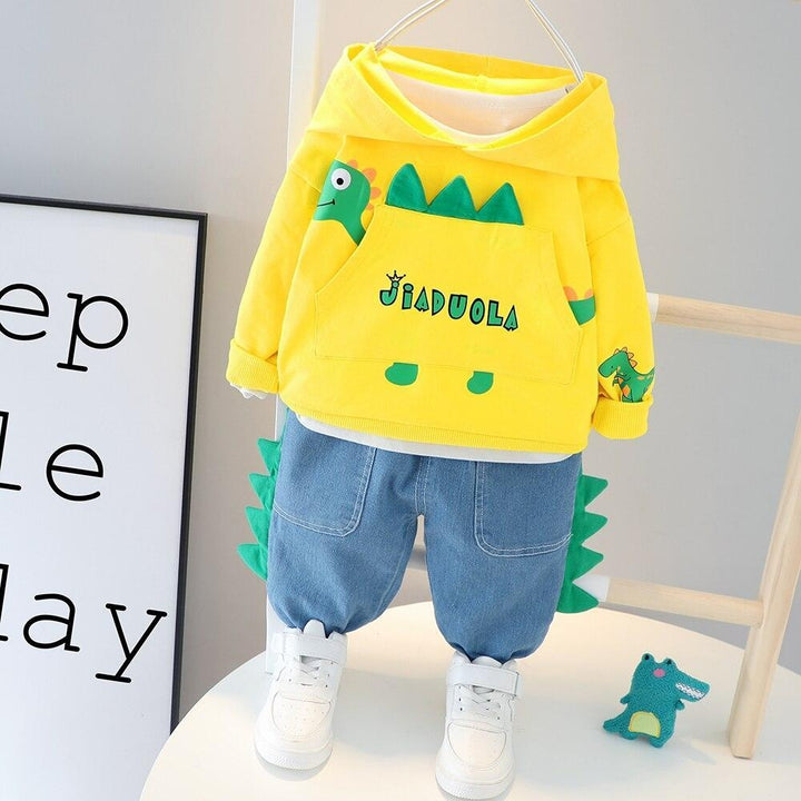 Cute Dinosaur Boys Hooded Fall Outfits 3 Colors 2 Pcs Sets - MomyMall Yellow No Shoes / 6-9 Months