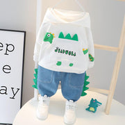 Cute Dinosaur Boys Hooded Fall Outfits 3 Colors 2 Pcs Sets - MomyMall White No Shoes / 6-9 Months