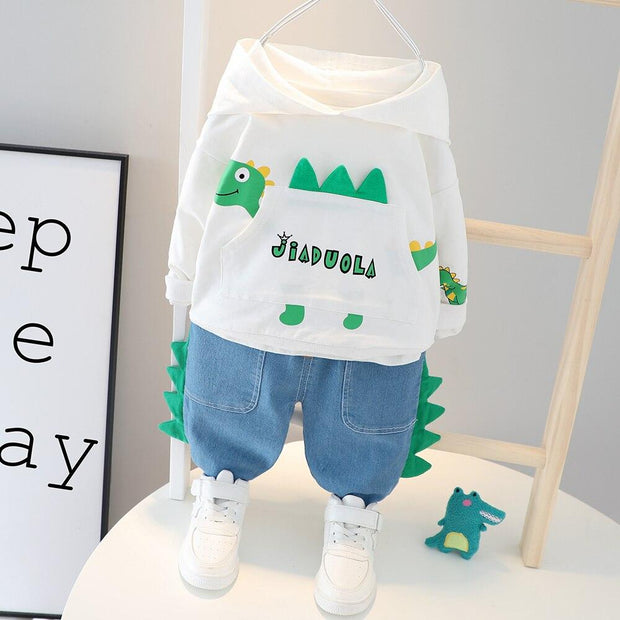 Cute Dinosaur Boys Hooded Fall Outfits 3 Colors 2 Pcs Sets - MomyMall White No Shoes / 6-9 Months