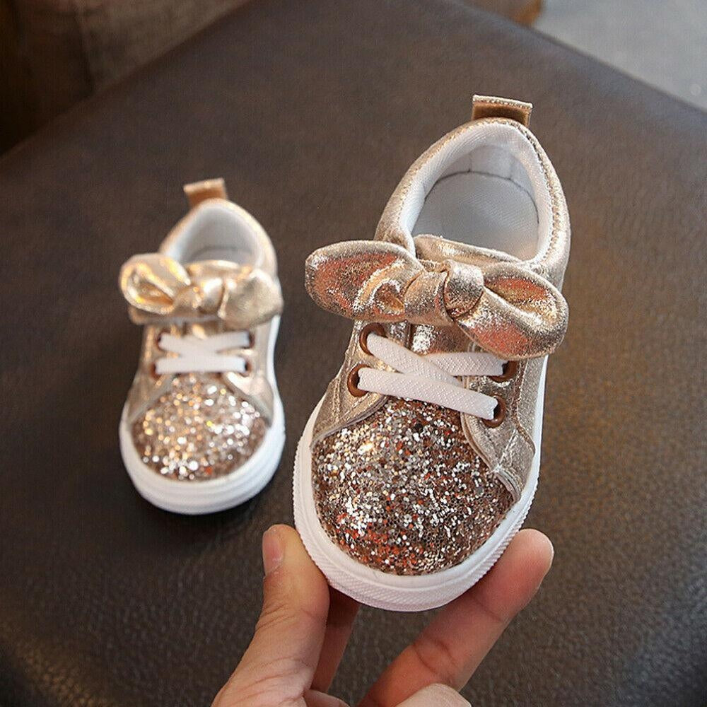 Girls Casual Sneaker Bow Sequin Anti Slip Shoes 2-5 Years - MomyMall Gold / 21（lengths:13.5cm）