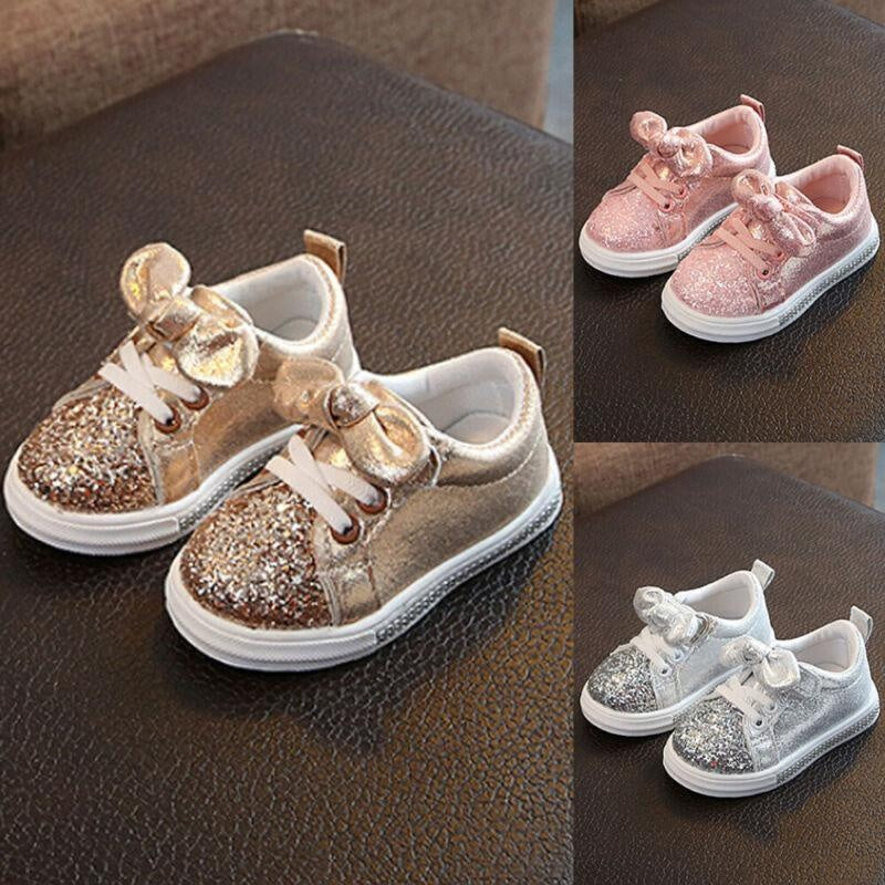 Girls Casual Sneaker Bow Sequin Anti Slip Shoes 2-5 Years - MomyMall