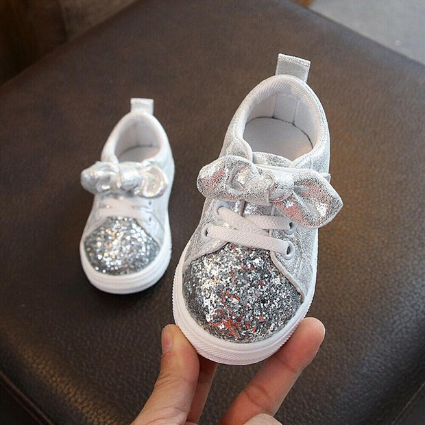 Girls Casual Sneaker Bow Sequin Anti Slip Shoes 2-5 Years - MomyMall Silver / 21 （lengths:13.5cm）