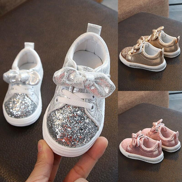 Kid Baby Girls Casual Sneaker Bow Sequin Anti Slip Shoes - MomyMall