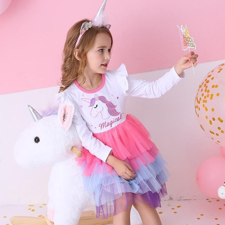 Girls Unicorn Winter Dresses Christmas Party Princess Patchwork Flying Sleeve Dress - MomyMall