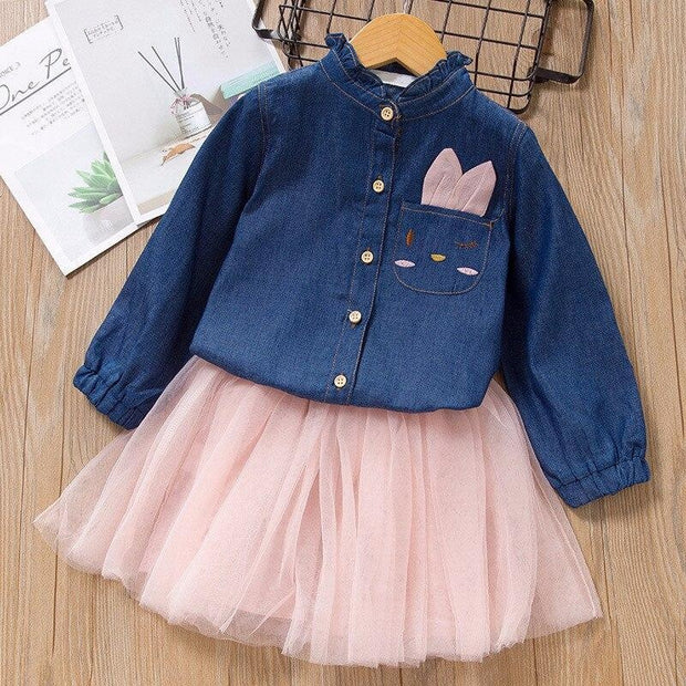 Girls Dress Denim Embroidered Tops+Tutu Skirt 2 Pcs 2-7Years