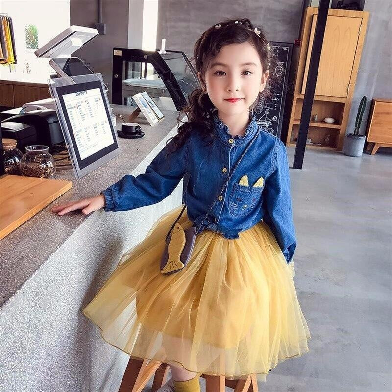 Girls Dress Denim Embroidered Tops+Tutu Skirt 2 Pcs 2-7Years