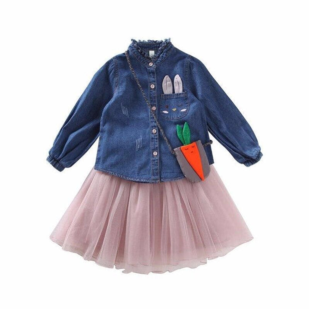 Girls Dress Denim Embroidered Tops+Tutu Skirt 2 Pcs 2-7Years