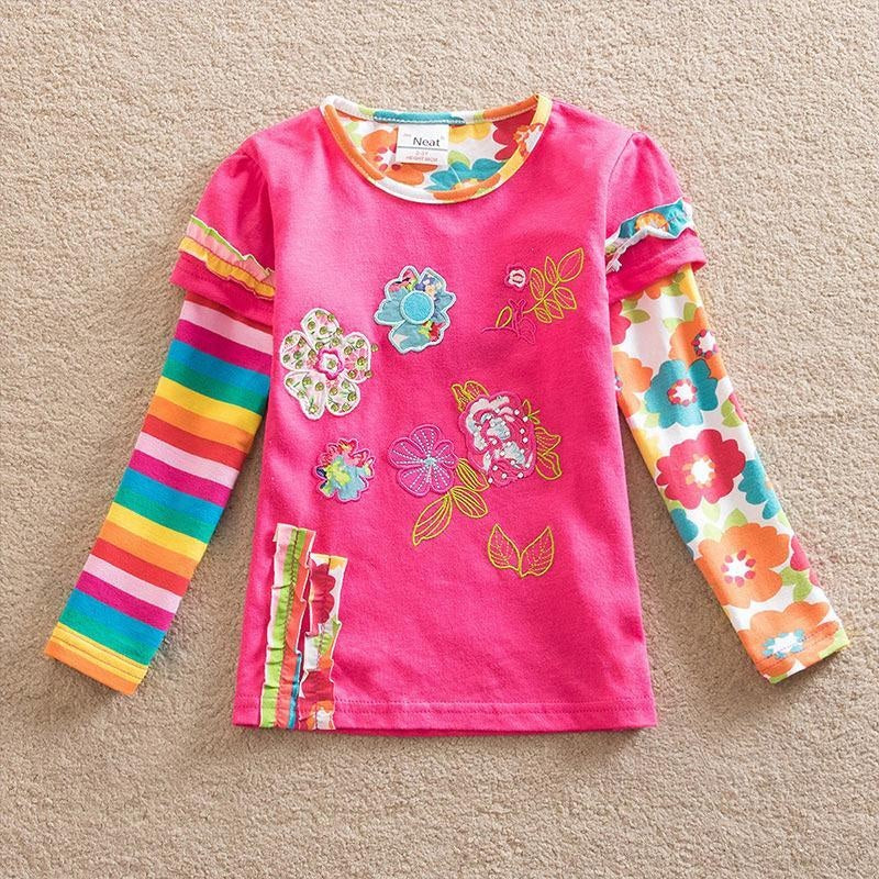 Girls Long Sleeve T-shirt Flower Tees Heart Appliques 2-8 Years - MomyMall