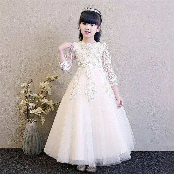Girl Elegant Pink Tulle Flower Wedding Appliques Princess Party Prom Dress - MomyMall White Long Dress / 2-3 Years