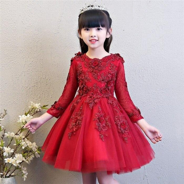 Girl Elegant Pink Tulle Flower Wedding Appliques Princess Party Prom Dress - MomyMall Burgundy Short Dress / 2-3 Years