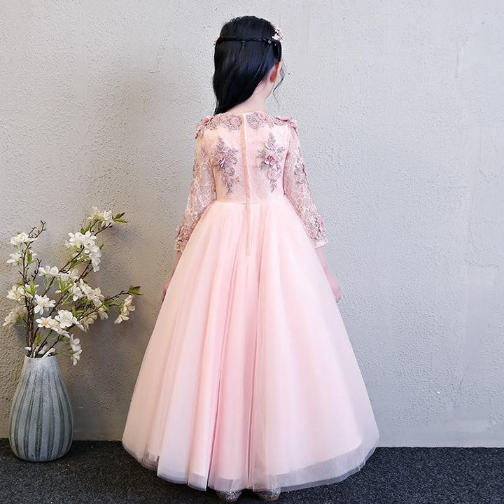 Girl Elegant Pink Tulle Flower Wedding Appliques Princess Party Prom Dress - MomyMall