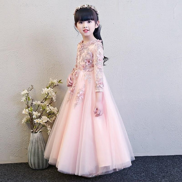 Girl Elegant Pink Tulle Flower Wedding Appliques Princess Party Prom Dress - MomyMall