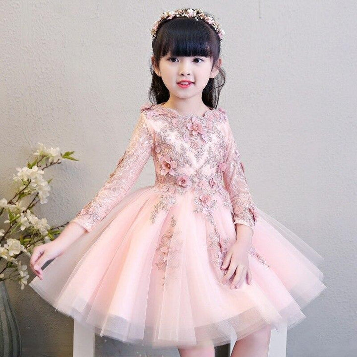 Girl Elegant Pink Tulle Flower Wedding Appliques Princess Party Prom Dress - MomyMall Pink Short Dress / 2-3 Years