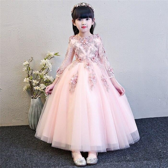 Girl Elegant Pink Tulle Flower Wedding Appliques Princess Party Prom Dress - MomyMall Pink Long Dress / 2-3 Years