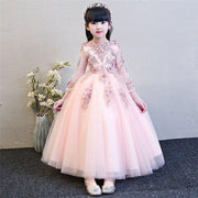 Girl Elegant Pink Tulle Flower Wedding Appliques Princess Party Prom Dress - MomyMall Pink Long Dress / 2-3 Years