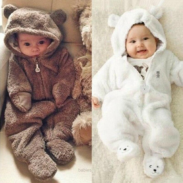 Newborn Baby Winter Solid Color Soft Warm Fuzzy Hooded Romper Jumpsuit - MomyMall