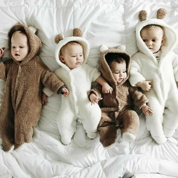 Newborn Baby Winter Solid Color Soft Warm Fuzzy Hooded Romper Jumpsuit - MomyMall