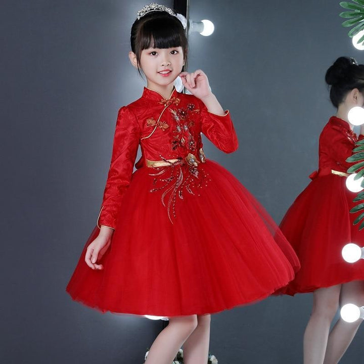 Exquisite Red Long Sleeves Flower little Girl Cheongsam Dress - MomyMall