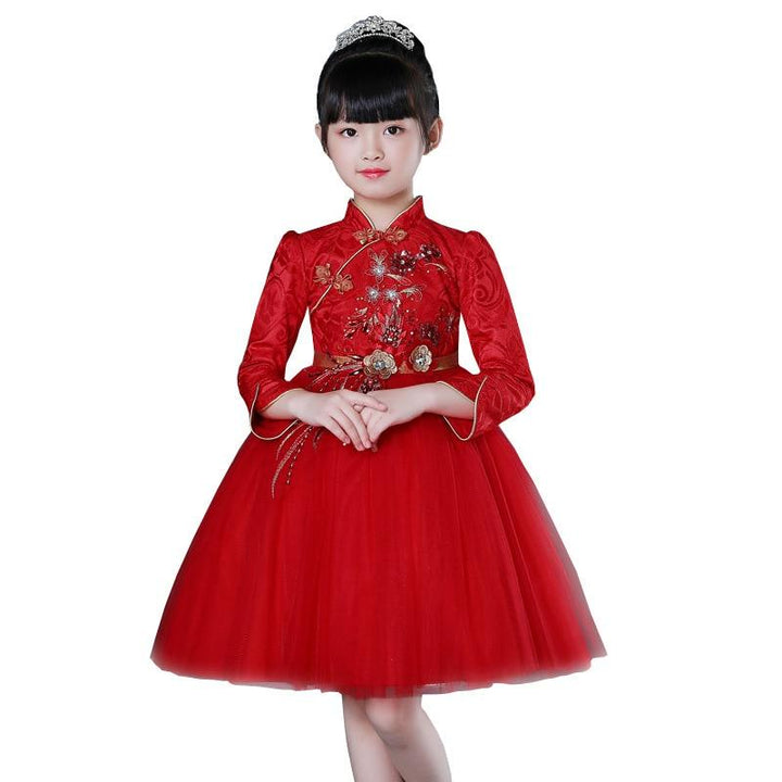 Exquisite Red Long Sleeves Flower little Girl Cheongsam Dress - MomyMall Red-Short / 5-6Years