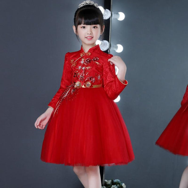 Exquisite Red Long Sleeves Flower little Girl Cheongsam Dress - MomyMall