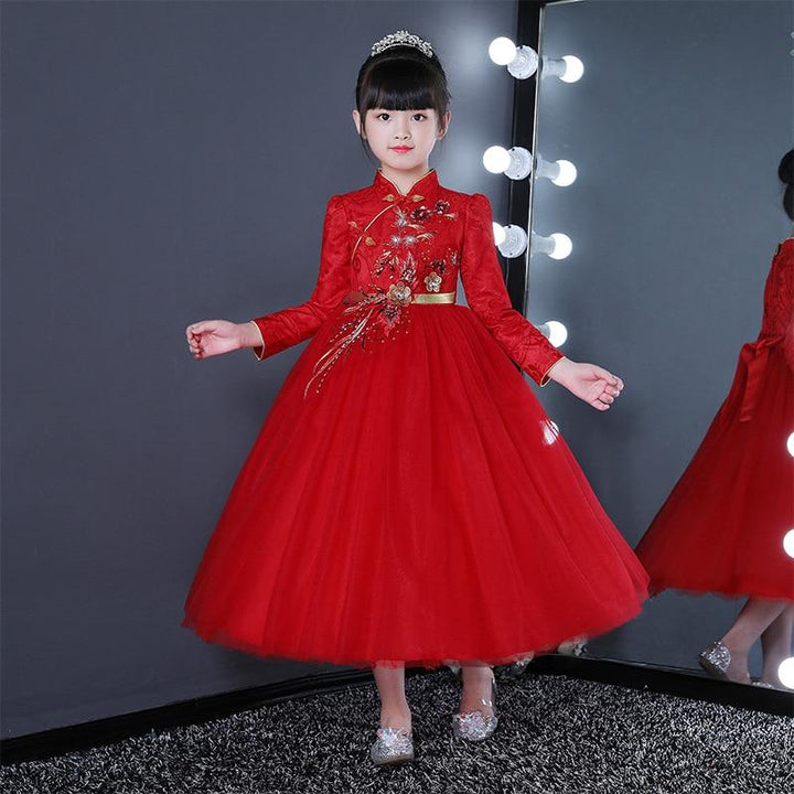 Exquisite Red Long Sleeves Flower little Girl Cheongsam Dress - MomyMall Red-Long / 5-6Years
