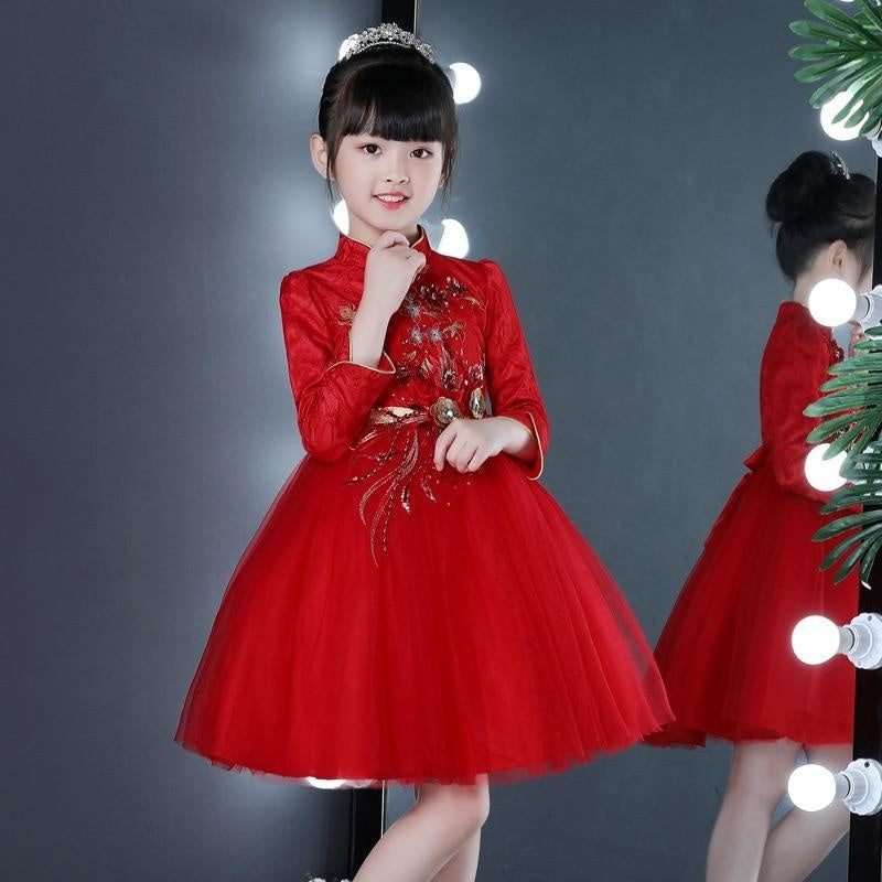 Exquisite Red Long Sleeves Flower little Girl Cheongsam Dress - MomyMall