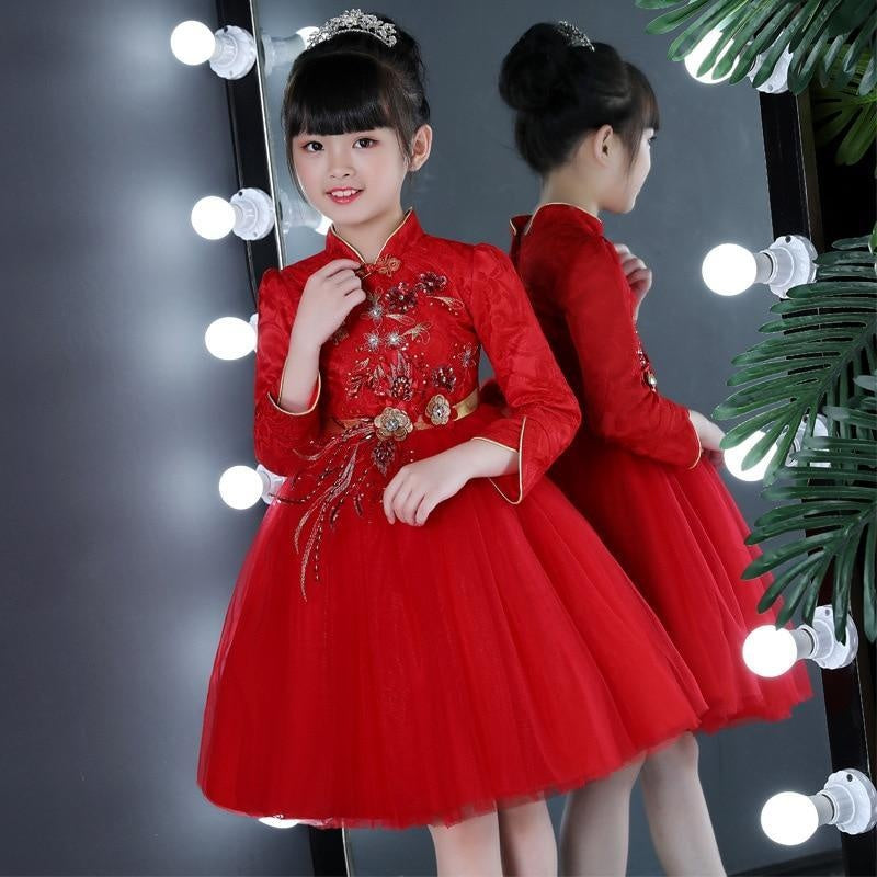 Exquisite Red Long Sleeves Flower little Girl Cheongsam Dress - MomyMall