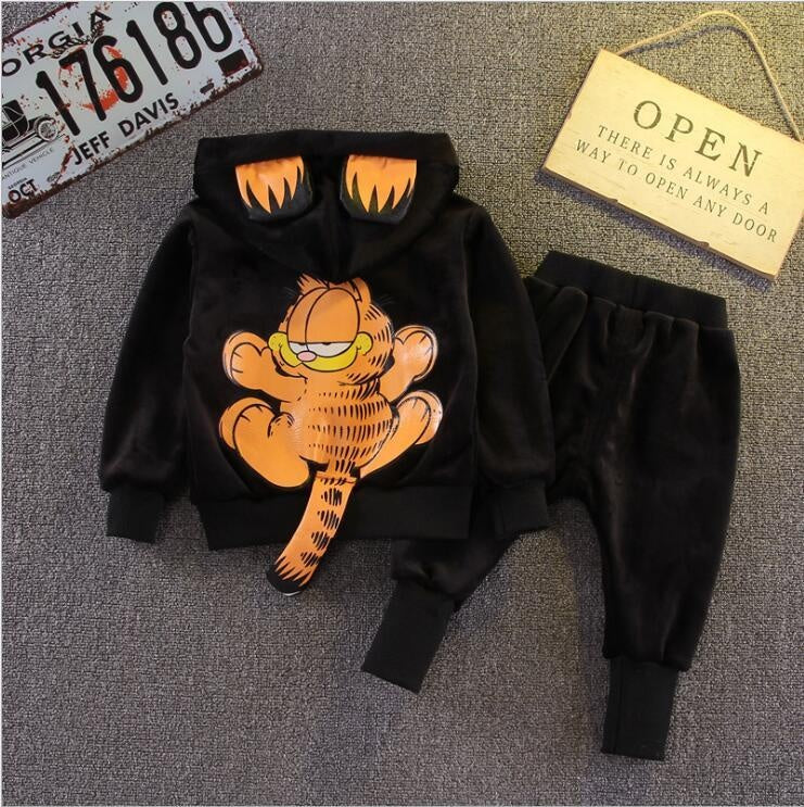 Boys Zipper Tide Fall Leisure Cartoon Cap Long Sleeve Suit 2 Pcs - MomyMall Black / 6-12 Months