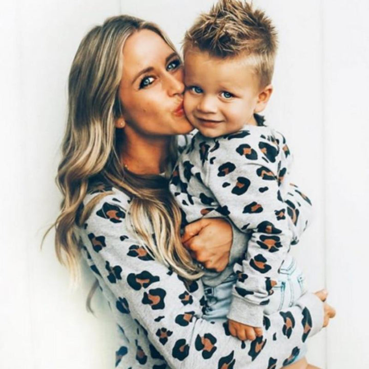 Mother Daughter Son Long Sleeve Leopard Shirt Family Matching Outfits - MomyMall Gray / S