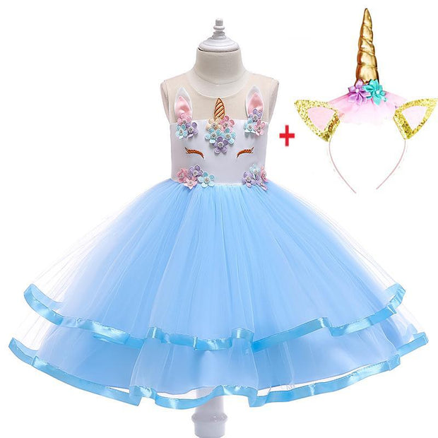 Girl Princess Fantasy Unicorn Birthday Party Tutu Christmas Dress For 2-10 Year - MomyMall Blue withHeadband / 2-3 Years