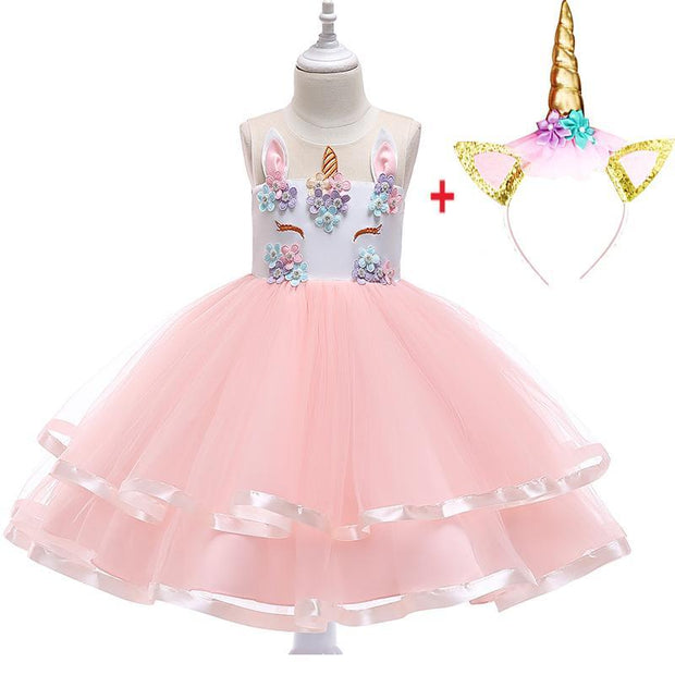 Girl Princess Fantasy Unicorn Birthday Party Tutu Christmas Dress For 2-10 Year - MomyMall Pink with Headband / 2-3 Years