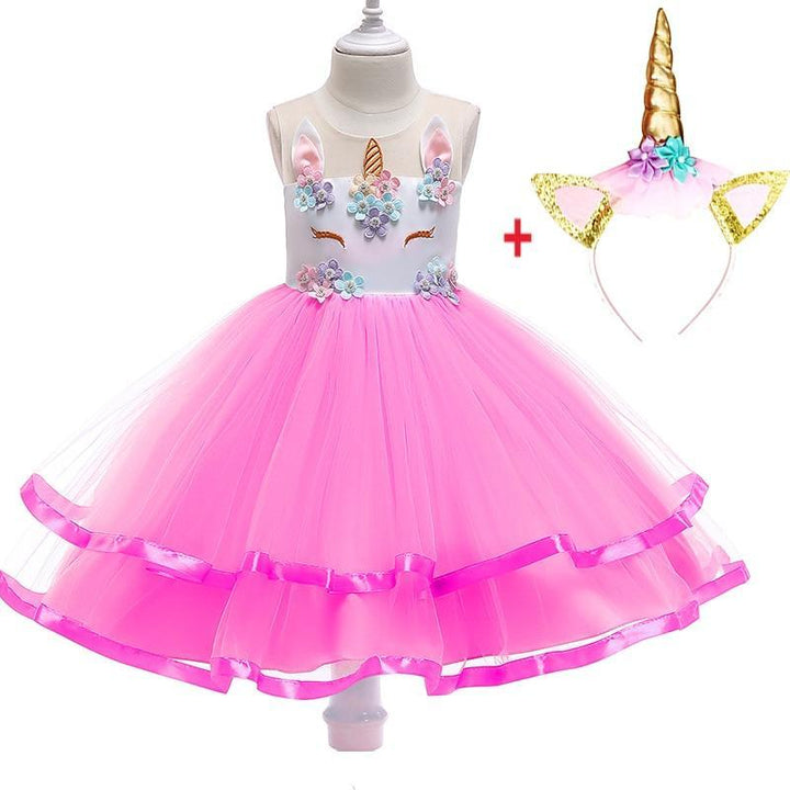 Girl Princess Fantasy Unicorn Birthday Party Tutu Christmas Dress For 2-10 Year - MomyMall Rose with Headband / 2-3 Years