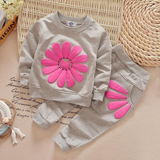 Girl Fashion Sun Flower Pattern Long Sleeve 2 Pcs Set For 2-5 Years - MomyMall Gray / 1-2 Years