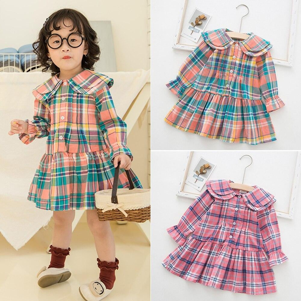 Girls Casual Rainbow with Plaid Printing Cotton Dress 1-6 Years - MomyMall