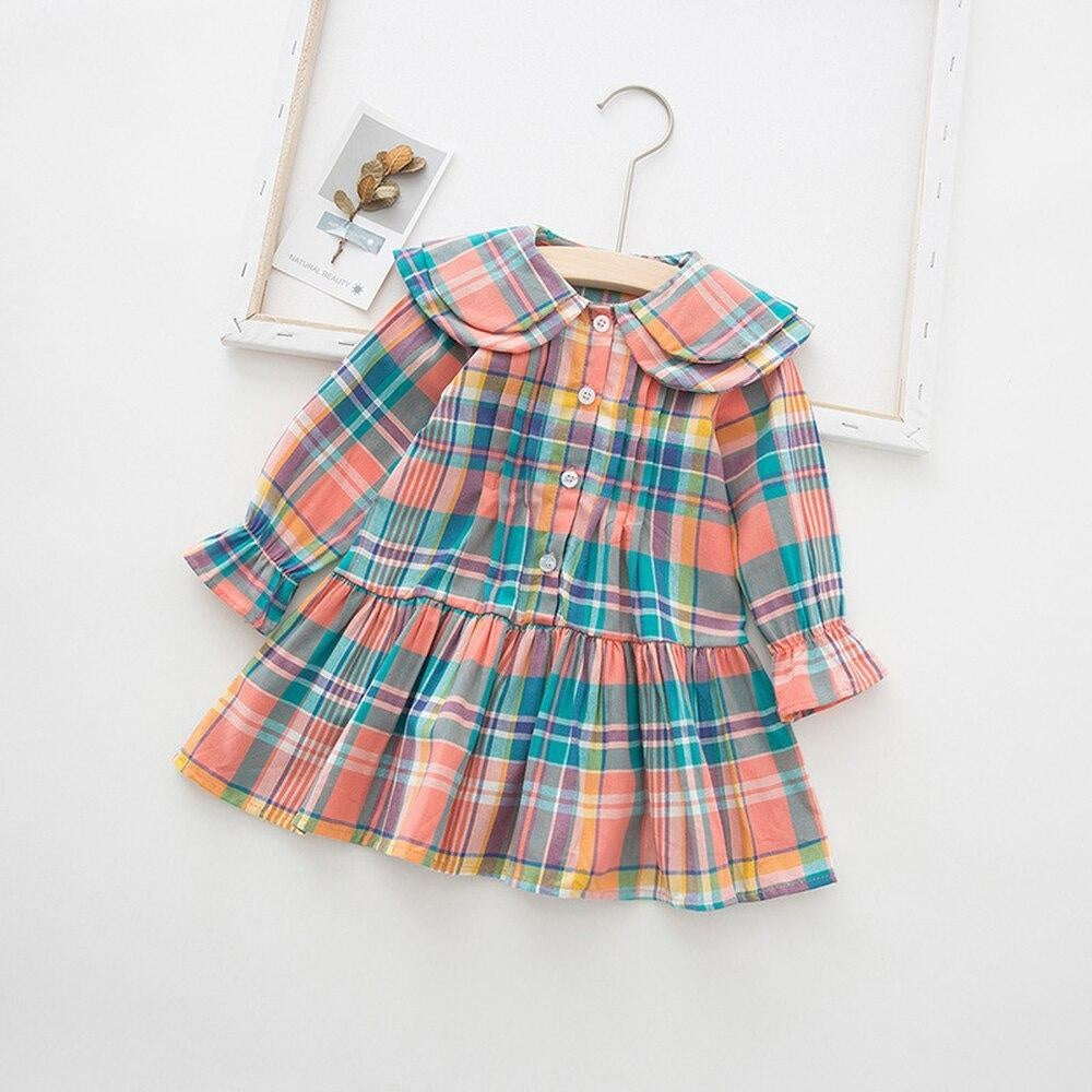 Girls Casual Rainbow with Plaid Printing Cotton Dress 1-6 Years - MomyMall