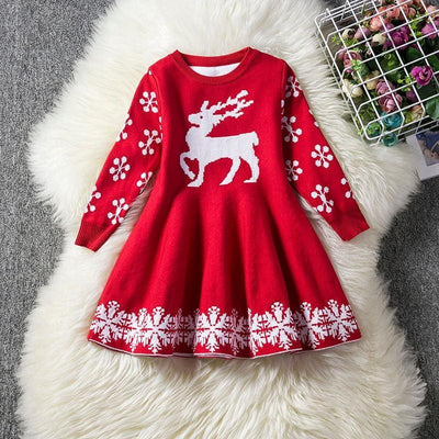 Girls Christmas Dress Full Sleeve Snowflake Print Reindeer Christmas Costume 3-8 Years - MomyMall Red / 2-3 Years